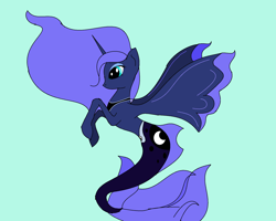 Size: 1856x1486 | Tagged: safe, artist:nutmeg04, princess luna, alicorn, merpony, pony, seapony (g4), g4, blue background, blue eyes, blue mane, colored pupils, female, fin wings, fish tail, flowing mane, flowing tail, horn, seaponified, seapony luna, simple background, solo, species swap, tail, wings