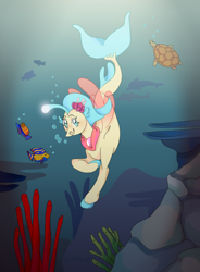 Size: 1264x1716 | Tagged: safe, artist:lanternik, princess skystar, fish, seapony (g4), turtle, g4, my little pony: the movie, blue eyes, blue mane, blue tail, bubble, coral, crepuscular rays, dorsal fin, fin wings, fins, fish tail, flower, flower in hair, freckles, glowing, jewelry, necklace, ocean, pearl necklace, rock, seaweed, smiling, solo, sunlight, swimming, tail, underwater, water, wings