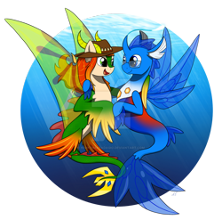 Size: 1600x1582 | Tagged: safe, artist:nightmareadagio, oc, oc only, changedling, changeling, seapony (g4), blue eyes, clothes, crepuscular rays, deviantart watermark, dorsal fin, fin wings, fish tail, flowing mane, flowing tail, glasses, green eyes, hat, horns, obtrusive watermark, ocean, open mouth, open smile, orange mane, seaponified, see-through, smiling, species swap, sunlight, tail, underwater, water, watermark, wings