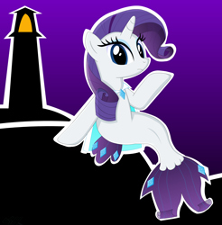 Size: 1960x1995 | Tagged: safe, artist:oshitsukiryuu, rarity, pony, seapony (g4), unicorn, g4, blue eyes, blue mane, cape, clothes, colored pupils, dorsal fin, eyelashes, female, fish tail, flowing tail, horn, lighthouse, night, purple background, seaponified, seapony rarity, simple background, sitting, solo, species swap, tail