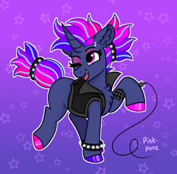 Size: 1500x1470 | Tagged: safe, artist:pink-pone, oc, oc only, oc:techno twitch, pony, unicorn, chest fluff, clothes, curved horn, ear fluff, female, horn, jacket, mare, microphone, solo, stars