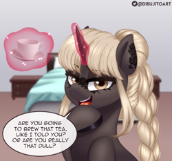 Size: 2000x1860 | Tagged: safe, artist:dibujito, oc, oc only, pony, unicorn, bed, bedroom, complex background, cup, dialogue, food, smug, solo, tea, teacup