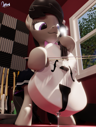 Size: 1440x1920 | Tagged: safe, artist:quicktimepony, octavia melody, earth pony, pony, g4, 3d, blender, bow (instrument), cello, cello bow, clothes, cute, female, guitar, mare, musical instrument, playing instrument, signature, sitting, skirt, solo, tavibetes, window