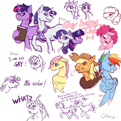 Size: 1300x1300 | Tagged: safe, artist:cyan-six, applejack, fluttershy, pinkie pie, rainbow dash, rarity, twilight sparkle, g4, applejack (male), book, bubble berry, butterscotch, dialogue, dusk shine, elusive, female, floppy ears, gay, glasses, grin, hay stalk, lesbian, male, mare, neckerchief, open mouth, open smile, rainbow blitz, rule 63, self ponidox, ship:elushine, ship:rarilight, shipping, simple background, sketch, smiling, stallion, straw in mouth, white background