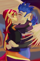 Size: 500x773 | Tagged: safe, artist:jongoji245, edit, flash sentry, sunset shimmer, equestria girls, g4, cropped, female, horn, kissing, male, ship:flashimmer, shipping, straight, wings