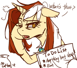Size: 700x612 | Tagged: safe, artist:cyan-six, oc, oc only, oc:white copper, pony, unicorn, floppy ears, hoof on cheek, leaning, ponysona, relatable, simple background, solo, tired, to-do list, white background