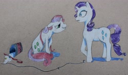 Size: 4960x2896 | Tagged: safe, artist:lawliet13, rarity, sweetie belle, pony, unicorn, g4, color, colored pencil drawing, duo, fake cutie mark, female, glue, prismacolor, siblings, sisters, traditional art
