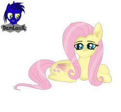 Size: 4154x3840 | Tagged: safe, artist:damlanil, fluttershy, pegasus, pony, g4, cute, daaaaaaaaaaaw, eyeshadow, female, grin, happy, looking at you, lying down, makeup, mare, prone, shine, shiny mane, shyabetes, simple background, smiling, solo, transparent background, vector, wings
