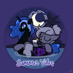 Size: 1000x1000 | Tagged: safe, artist:sugar morning, nightmare moon, oc, oc:selenite, bat pony, pony, g4, animated, bat pony oc, beach, commission, drink, female, floating, floaty, gif, hair bun, inflatable, inflatable toy, mare, moon, palindrome get, palm tree, pool toy, relaxing, solo, sugar morning's summer vibes, text, tree, ych result