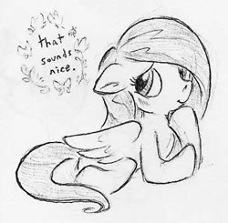 Size: 410x402 | Tagged: safe, artist:swiftcutter, fluttershy, pegasus, pony, g4, anatomically incorrect, cute, daaaaaaaaaaaw, female, floppy ears, grayscale, incorrect leg anatomy, mare, monochrome, pencil drawing, shyabetes, solo, traditional art