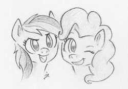 Size: 531x370 | Tagged: safe, artist:swiftcutter, pinkie pie, rainbow dash, earth pony, pegasus, pony, g4, bust, duo, female, grayscale, grin, mare, monochrome, one eye closed, open mouth, open smile, pencil drawing, smiling, traditional art, wink
