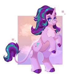 Size: 1680x1680 | Tagged: safe, artist:nyota71, starlight glimmer, pony, unicorn, g4, bipedal, cheek fluff, chest fluff, cloud, cloven hooves, curved horn, ear fluff, fluffy, horn, leonine tail, redesign, simple background, solo, unshorn fetlocks