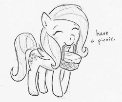 Size: 706x593 | Tagged: safe, artist:swiftcutter, fluttershy, pegasus, pony, g4, basket, eyes closed, female, grayscale, mare, monochrome, mouth hold, pencil drawing, picnic basket, smiling, solo, traditional art