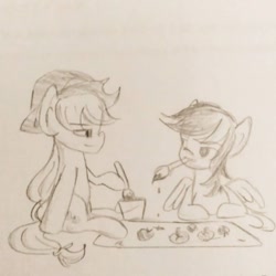 Size: 640x640 | Tagged: safe, artist:snowzaaah, applejack, rainbow dash, earth pony, pegasus, pony, g4, appledashdailydoodles, female, lesbian, monochrome, pencil drawing, ship:appledash, shipping, sketch, traditional art