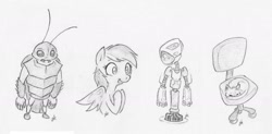 Size: 1280x628 | Tagged: safe, artist:swiftcutter, rainbow dash, oc, cat, cockroach, insect, pegasus, pony, robot, anthro, g4, chair, description is artwork too, female, grayscale, mare, monochrome, non-mlp oc, pencil drawing, sketch, sketch dump, traditional art