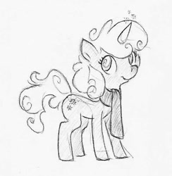 Size: 585x600 | Tagged: safe, artist:swiftcutter, oc, oc only, oc:winter breeze, pony, unicorn, clothes, female, grayscale, mare, monochrome, pencil drawing, scarf, solo, swirly eyes, traditional art