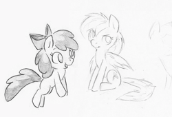 Size: 1000x680 | Tagged: safe, artist:swiftcutter, apple bloom, rainbow dash, earth pony, pegasus, pony, g4, blank flank, duo, female, filly, grayscale, mare, monochrome, pencil drawing, sketch, traditional art