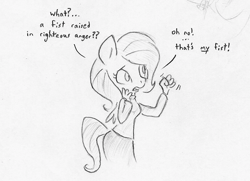 Size: 877x635 | Tagged: safe, artist:swiftcutter, fluttershy, pegasus, anthro, g4, adventure time, clothes, female, fist, grayscale, male, mare, monochrome, pencil drawing, solo, traditional art