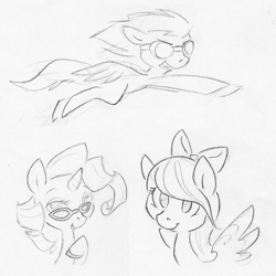 Size: 1000x1000 | Tagged: safe, artist:swiftcutter, flitter, rarity, pegasus, pony, unicorn, g4, bow, female, glasses, goggles, grayscale, hair bow, mare, monochrome, pencil drawing, rarity's glasses, sketch, sketch dump, traditional art, trio, unknown pony