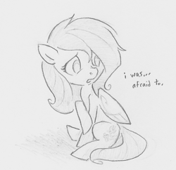 Size: 653x633 | Tagged: safe, artist:swiftcutter, fluttershy, pegasus, pony, g4, cute, daaaaaaaaaaaw, female, grayscale, mare, monochrome, pencil drawing, scared, shyabetes, sitting, solo, traditional art