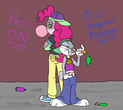 Size: 1872x1667 | Tagged: safe, artist:bugssonicx, pinkie pie, human, equestria girls, g4, bubblegum, bugs bunny, carrot, crossover, female, food, gum, looney tunes, male, rapper pie