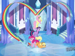 Size: 800x604 | Tagged: safe, screencap, applejack, fluttershy, pinkie pie, rainbow dash, twilight sparkle, earth pony, pegasus, pony, unicorn, g4, games ponies play, season 3, animated, balancing, bipedal, cheering, cute, face down ass up, female, gif, grin, heart, loop, mare, open mouth, perfect loop, prehensile tail, rainbow, rainbow trail, singing, smiling, unicorn twilight