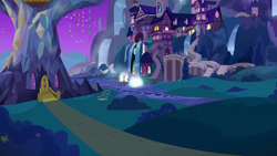 Size: 1280x720 | Tagged: safe, screencap, g4, season 9, student counsel, background, night, no pony, ponyville, scenic ponyville, school of friendship, twilight's castle, waterfall