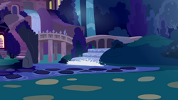 Size: 1280x720 | Tagged: safe, screencap, g4, season 9, student counsel, background, night, no pony, scenic ponyville, school of friendship, waterfall