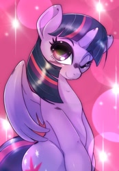 Size: 1424x2048 | Tagged: safe, artist:kurogewapony, twilight sparkle, alicorn, pony, g4, blushing, cute, female, looking at you, mare, one eye closed, simple background, solo, twiabetes, twilight sparkle (alicorn), wink