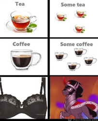 Size: 700x862 | Tagged: safe, edit, edited screencap, screencap, king sombra, pony, unicorn, g4, the cutie re-mark, alternate timeline, bra, clever, clothes, coffee, crystal war timeline, food, irl, male, missing cutie mark, photo, ponymemes, pun, stallion, tea, underwear, visual pun