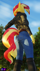 Size: 2160x3840 | Tagged: safe, artist:shadowboltsfm, sunset shimmer, anthro, plantigrade anthro, g4, 3d, 4k, ass, beautiful, blender, boots, breasts, bunset shimmer, butt, clothes, female, hand on hip, high res, implied tail hole, jacket, jeans, low angle, nail polish, not sfm, pants, rear view, shoes, solo, standing, tail