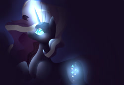 Size: 1745x1200 | Tagged: safe, artist:lunahimura, nightmare rarity, pony, unicorn, g4, blue eyes, colored pupils, dark, female, flowing mane, glowing cutie mark, glowing horn, horn, long horn, looking up, purple mane, simple background, solo