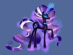 Size: 2828x2121 | Tagged: safe, artist:earwynn, nightmare rarity, pony, unicorn, g4, blue background, blue eyes, colored pupils, eyelashes, female, flowing mane, flowing tail, glowing horn, grin, high res, horn, purple mane, purple tail, simple background, smiling, solo