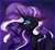 Size: 1400x1300 | Tagged: safe, artist:0whitewolf0o0, nightmare rarity, pony, unicorn, g4, blue eyes, colored pupils, curved horn, female, flowing mane, horn, long horn, looking at you, purple background, purple mane, simple background, solo