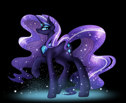 Size: 2712x2212 | Tagged: safe, artist:amazing-artsong, artist:appleglassjuice, nightmare rarity, pony, g4, black background, blue eyes, collaboration, colored pupils, ethereal mane, eyelashes, female, flowing mane, flowing tail, high res, horn, jewelry, long horn, necklace, open collaboration, purple mane, purple tail, simple background, solo, starry mane, starry tail, tail