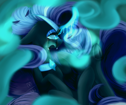 Size: 2683x2236 | Tagged: safe, artist:slipperysnek21, nightmare rarity, pony, g4, blue eyes, colored pupils, crown, crying, digital art, eyelashes, female, flowing mane, flowing tail, glowing, high res, horn, jewelry, long horn, necklace, purple mane, purple tail, regalia, sad, signature, solo, speedpaint, tail