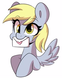 Size: 2400x3000 | Tagged: safe, artist:sakukitty, derpy hooves, pegasus, pony, g4, bust, cute, derpabetes, eyebrows, eyebrows visible through hair, female, heart eyes, high res, letter, mare, mouth hold, simple background, solo, white background, wingding eyes
