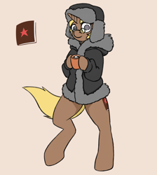 Size: 3508x3920 | Tagged: safe, artist:sneetymist, oc, oc only, oc:scarlet star, pony, unicorn, book, chocolate, clothes, commission, communism, drink, empathy cocoa, female, fluffy, food, fur coat, glasses, hat, high res, hot chocolate, jacket, mare, parka, partial nudity, simple background, solo, ushanka, winter outfit