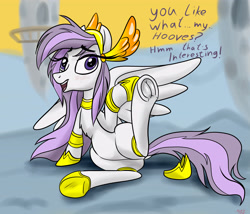 Size: 4200x3600 | Tagged: safe, artist:littlenaughtypony, oc, oc only, oc:athena (shawn keller), pegasus, pony, guardians of pondonia, belly, clothes, feathered wings, fetish, frog (hoof), hoof fetish, hoof shoes, shoes, solo, spread wings, talking to viewer, underhoof, wings