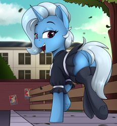 Size: 2894x3129 | Tagged: safe, artist:felixf, trixie, pony, unicorn, g4, butt, clothes, cute, diatrixes, featureless crotch, female, high res, horn, looking at you, mare, obey, plot, running, school uniform, schoolgirl, skirt, smiling, smiling at you, socks, solo, stockings, the great and powerful ass, thigh highs, underhoof