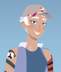 Size: 2000x2347 | Tagged: safe, artist:catachromatic, night glider, human, g4, baseball cap, blue background, blushing, cap, clothes, female, grin, hat, high res, humanized, lesbian, lesbian pride flag, nonbinary, nonbinary pride flag, pride, pride flag, scar, simple background, smiling, solo, tank top, tattoo, vest
