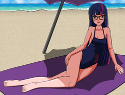 Size: 3000x2272 | Tagged: safe, artist:artemis-polara, kotobukiya, twilight sparkle, human, g4, barefoot, beach, breasts, cleavage, clothes, feet, female, glasses, high res, humanized, kotobukiya twilight sparkle, ocean, one-piece swimsuit, smiling, solo, swimsuit, umbrella