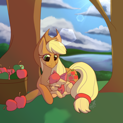 Size: 640x640 | Tagged: safe, artist:sofua, apple bloom, applejack, earth pony, pony, g4, apple, bow, cowboy hat, female, filly, food, hair bow, hat, lens flare, mare, siblings, sisters, sleeping, tree