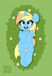 Size: 2726x4000 | Tagged: safe, artist:partypievt, oc, oc only, oc:skydreams, pony, unicorn, female, flower, grass, looking at you, lying down, mare, raffle prize