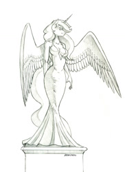 Size: 1000x1376 | Tagged: safe, artist:baron engel, princess celestia, alicorn, anthro, g4, absolute cleavage, breasts, busty princess celestia, cleavage, clothes, dress, female, mare, monochrome, pencil drawing, statue, traditional art