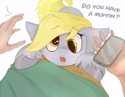 Size: 4096x3186 | Tagged: safe, artist:ponyangle, derpy hooves, human, pegasus, pony, g4, :o, begging, cellphone, cute, derpabetes, ear fluff, exclamation point, female, floppy ears, hand, hoof fluff, human and pony, looking at you, mare, muffin, offscreen character, open mouth, phone, pov, simple background, smartphone, solo focus, text, that pony sure does love muffins, unshorn fetlocks, white background