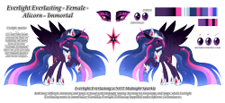Size: 5266x2421 | Tagged: safe, artist:inspiredpixels, twilight sparkle, oc, oc:everlight everlasting, alicorn, pony, g4, crown, curved horn, ethereal mane, female, hoof shoes, horn, jewelry, mare, multicolored horn, older, older twilight, peytral, reference sheet, regalia, simple background, solo, spread wings, starry mane, transparent background, twilight sparkle (alicorn), ultimate twilight, wings