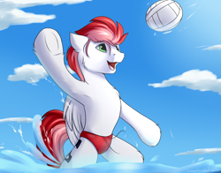 Size: 2800x2200 | Tagged: safe, artist:snowstormbat, oc, oc only, oc:swift apex, pegasus, pony, clothes, cloud, high res, jumping, male, smiling, solo, speedo, stallion, swimsuit, water, water polo