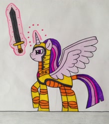 Size: 2047x2333 | Tagged: safe, artist:dragonpriness, twilight sparkle, alicorn, pony, g4, armor, high res, magic, spread wings, sword, telekinesis, traditional art, twilight sparkle (alicorn), weapon, wings