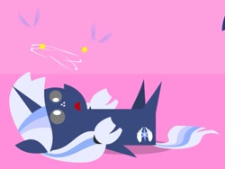 Size: 867x652 | Tagged: safe, artist:estories, editor:pagiepoppie12345, oc, oc only, oc:silverlay, original species, pony, umbra pony, unicorn, circling stars, cropped, dizzy, fainted, implied alicorn, implied twilight sparkle, lying down, passed out, pointy ponies, wings